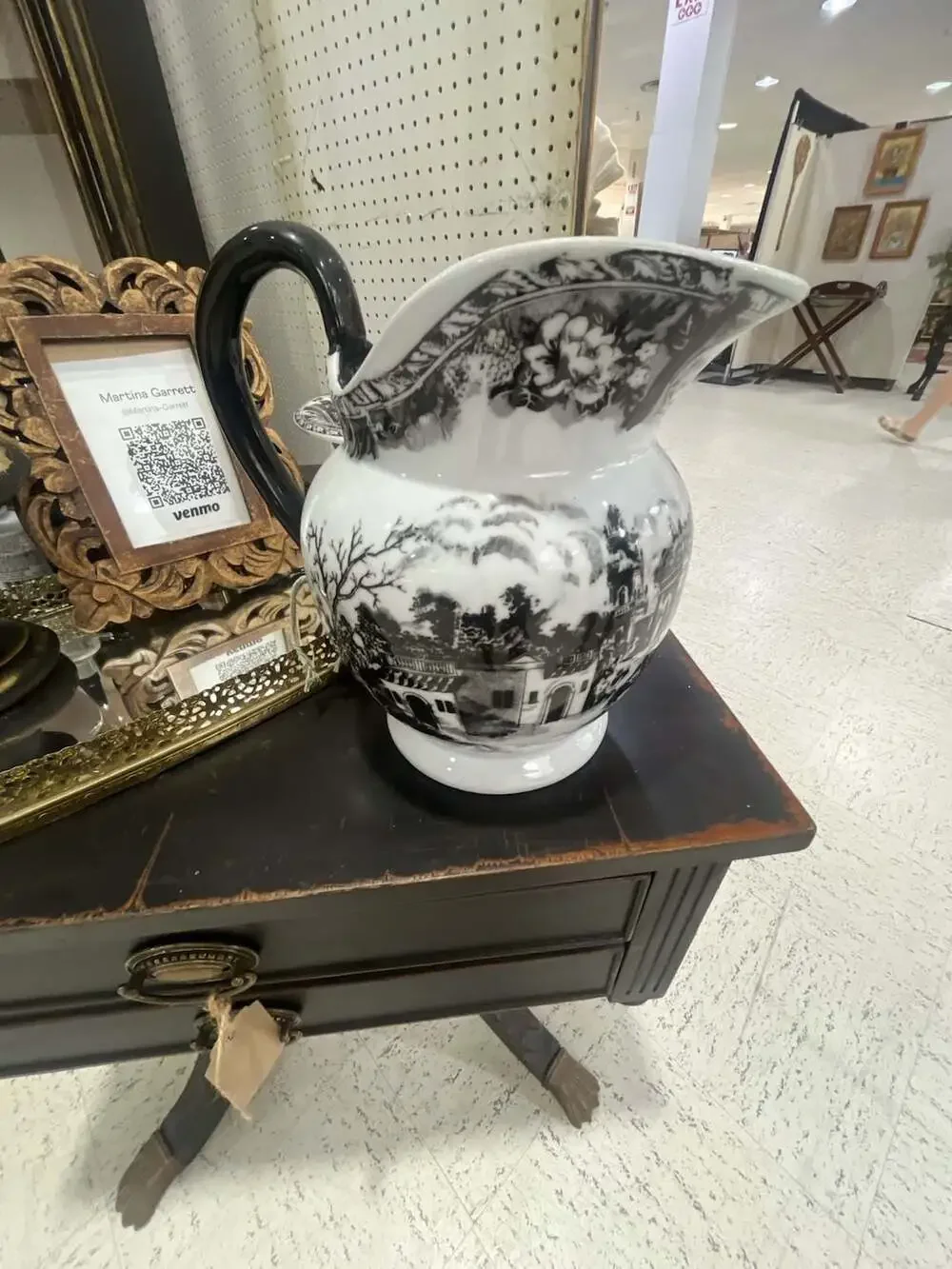 Vintage Black and White English Transferware Wash Basin and Pitcher Set